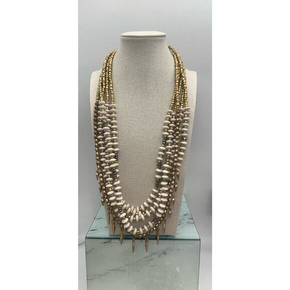 Plunder Multi Strand Beaded Statement Necklace Matte Gold Tone & White - Picture 1 of 4